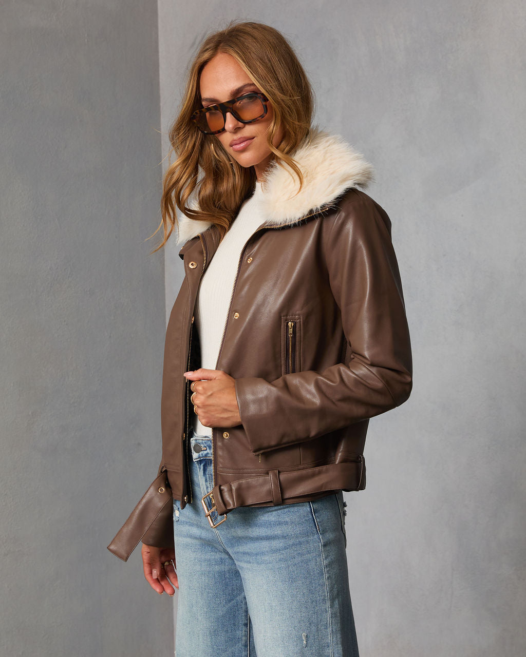 Georginna Leather Faux Fur Collar Moto Jacket-Vogue Logic