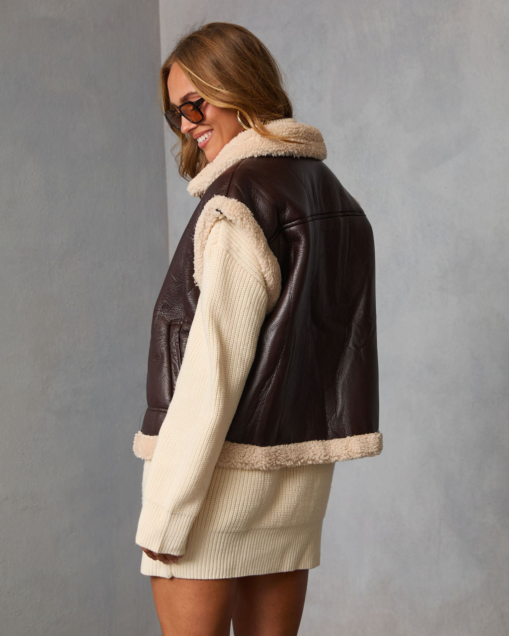 Beckett Oversized Faux Leather Sherpa Vest-Vogue Logic