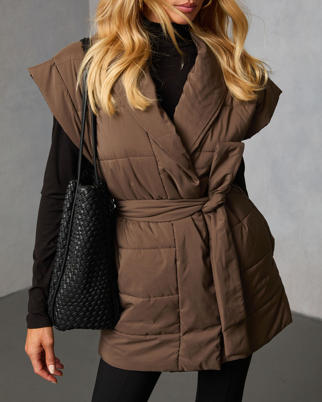 Toasted Oat Puffer Waist Tie Vest-Vogue Logic
