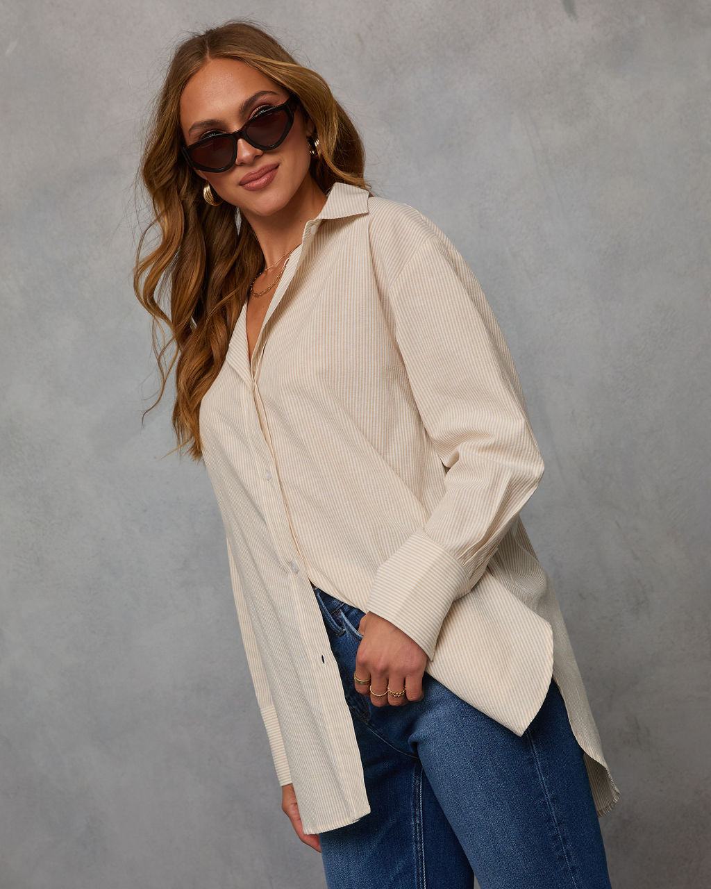 Sandy Days Cotton Stripe Button Down Top-Vogue Logic