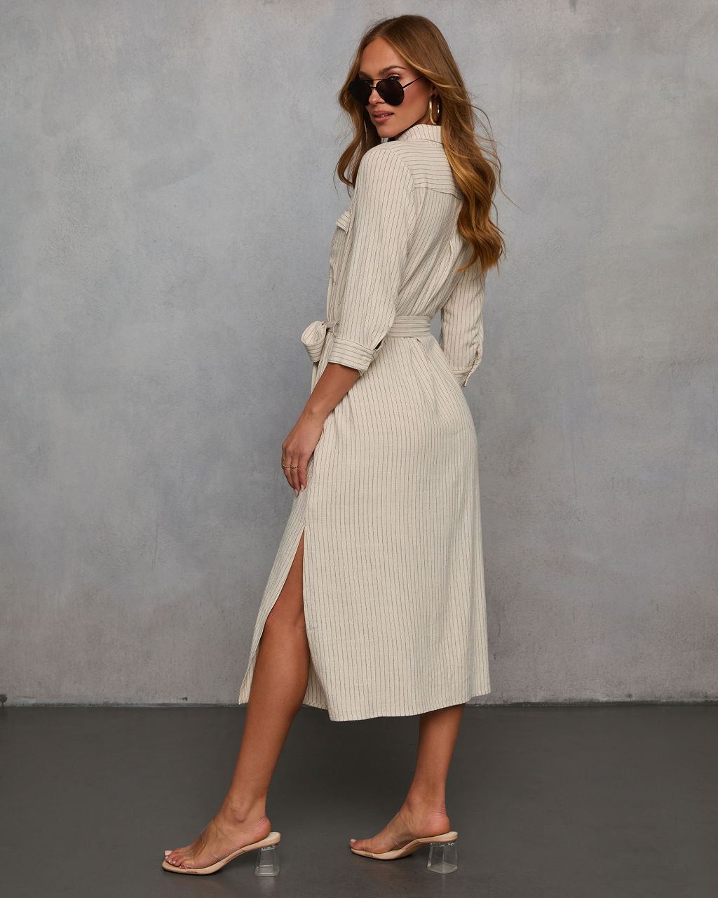 Calm Coast Striped Button Down Shirt Dress-Vogue Logic