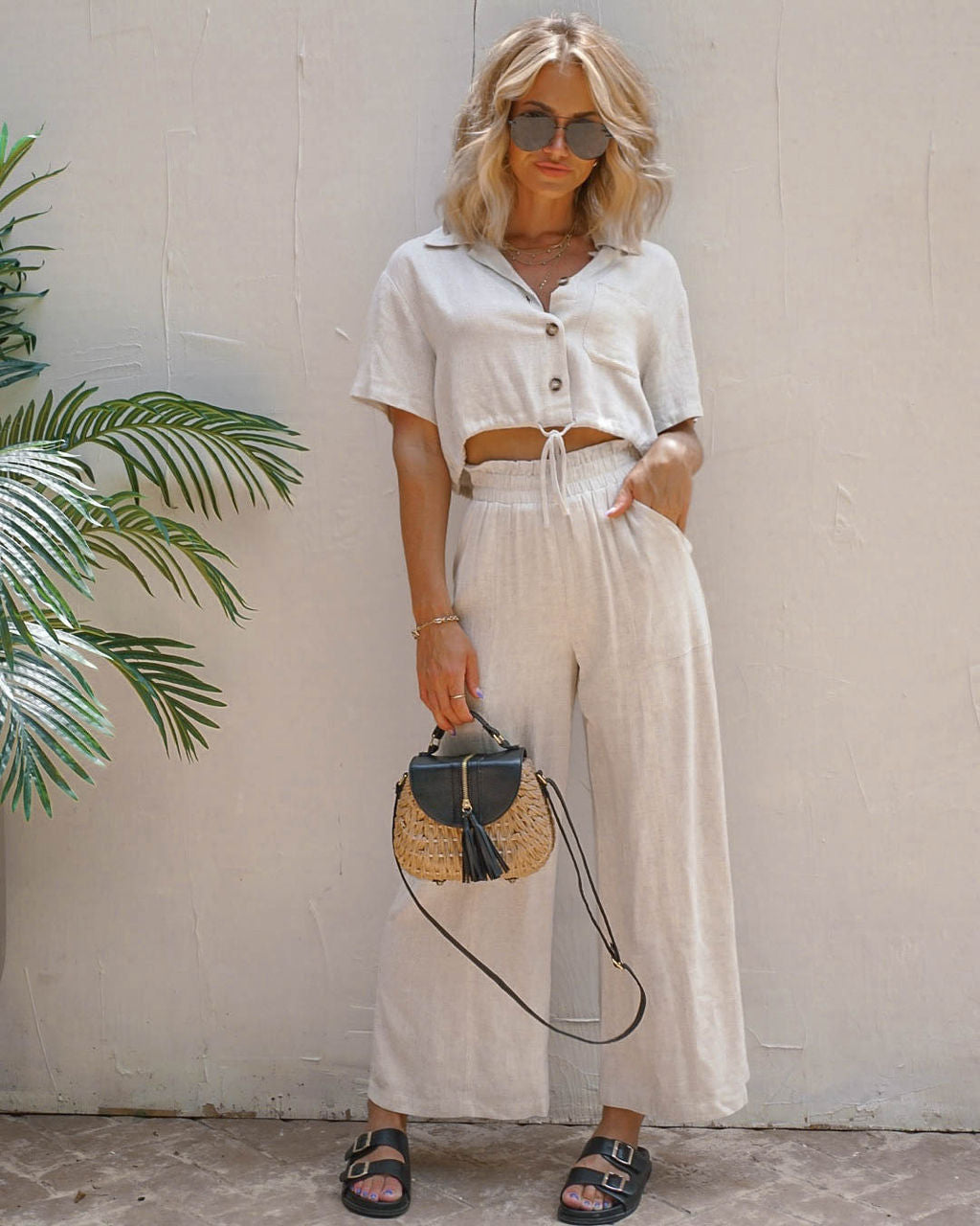 Sandbar Strolls Button Down Crop Top-Vogue Logic