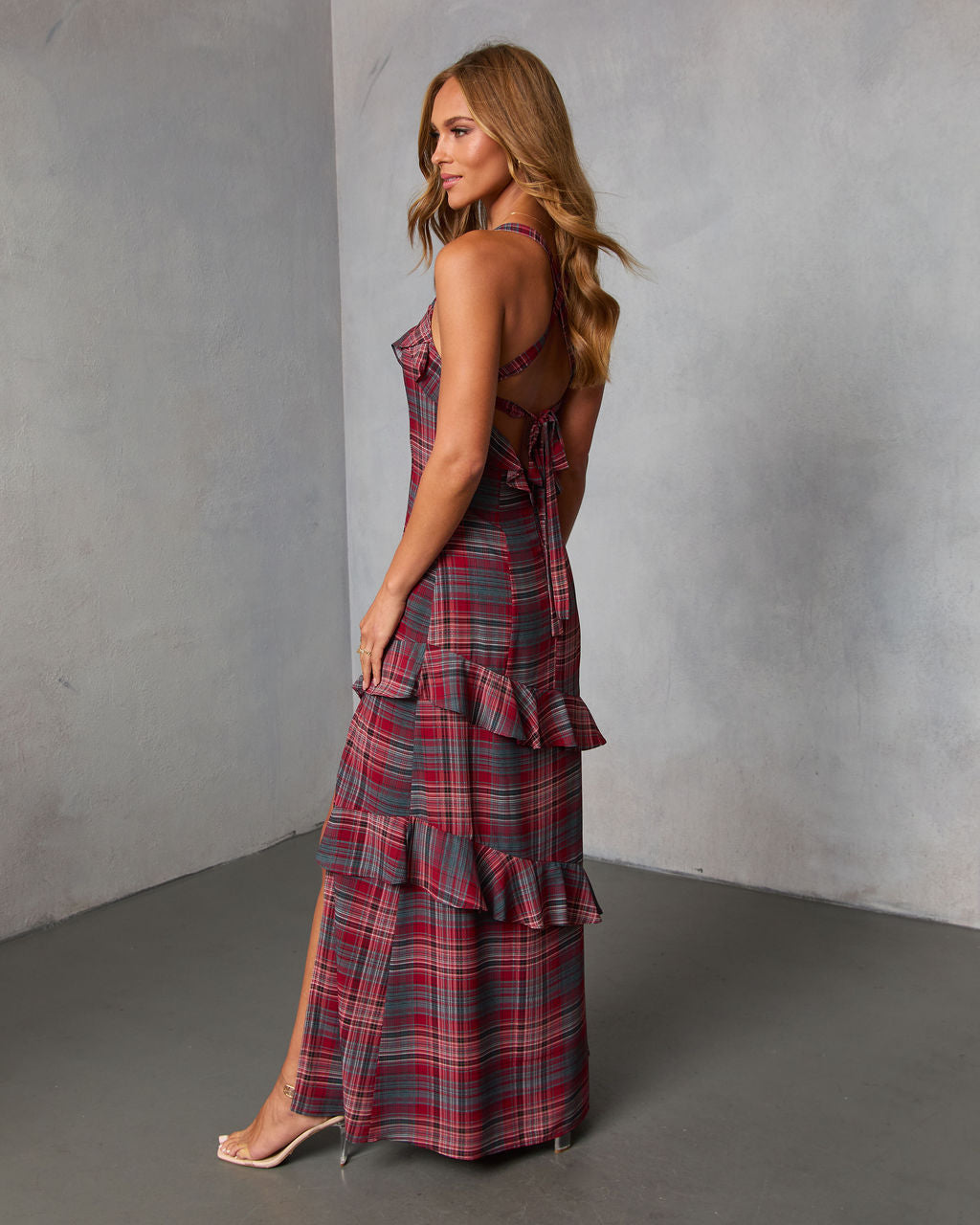 Reygan Ruffle Plaid Maxi Dress-Vogue Logic