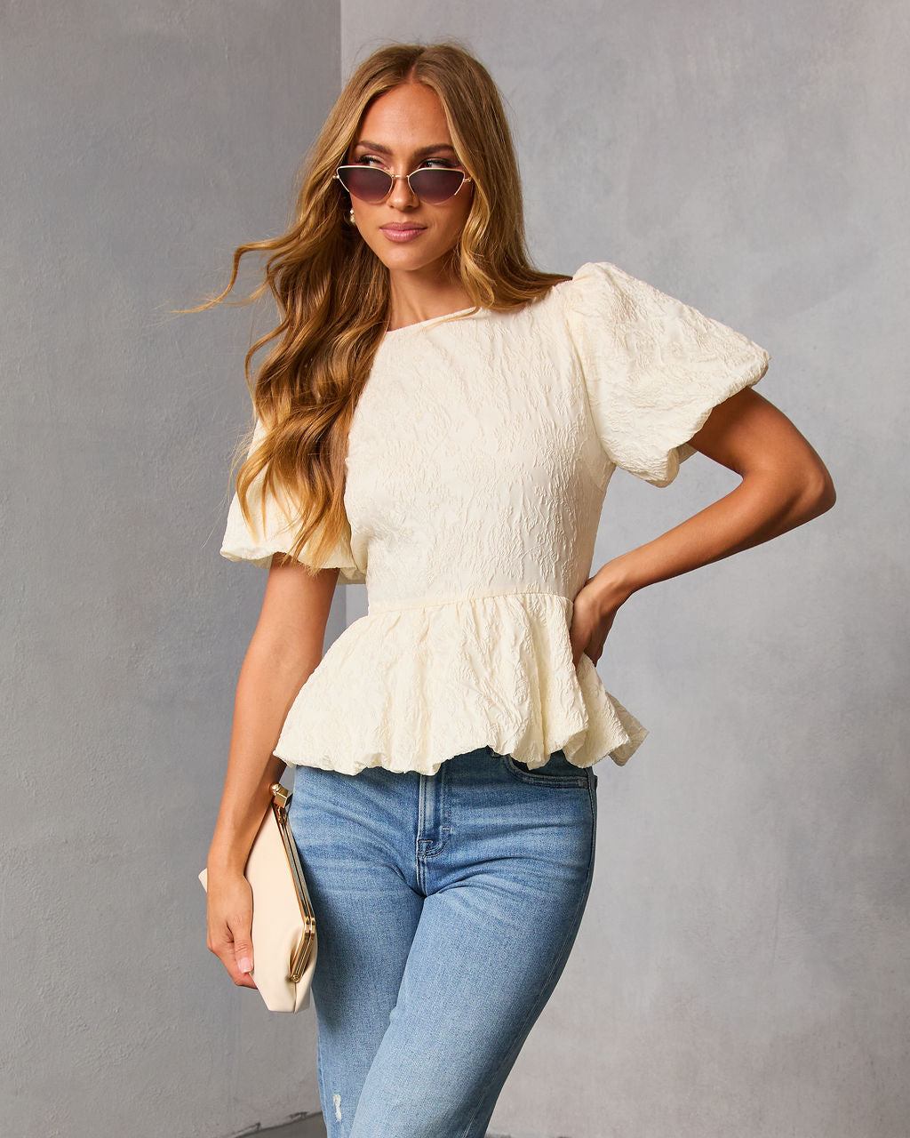 Aloura Puff Sleeve Peplum Top-Vogue Logic