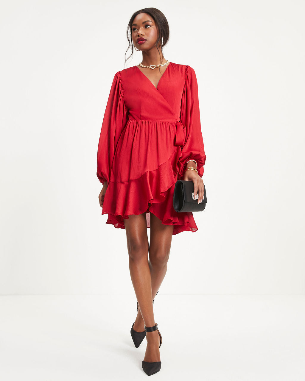 Whitney Satin Wrap Ruffle Mini Dress-Vogue Logic