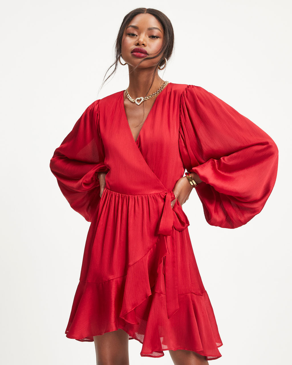 Whitney Satin Wrap Ruffle Mini Dress-Vogue Logic