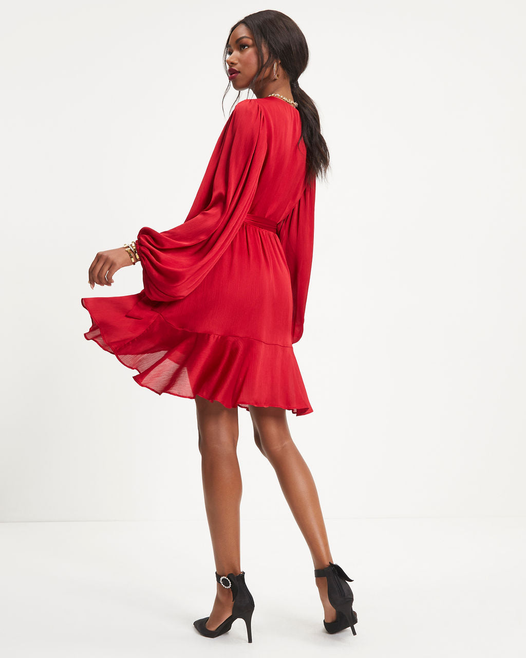 Whitney Satin Wrap Ruffle Mini Dress-Vogue Logic
