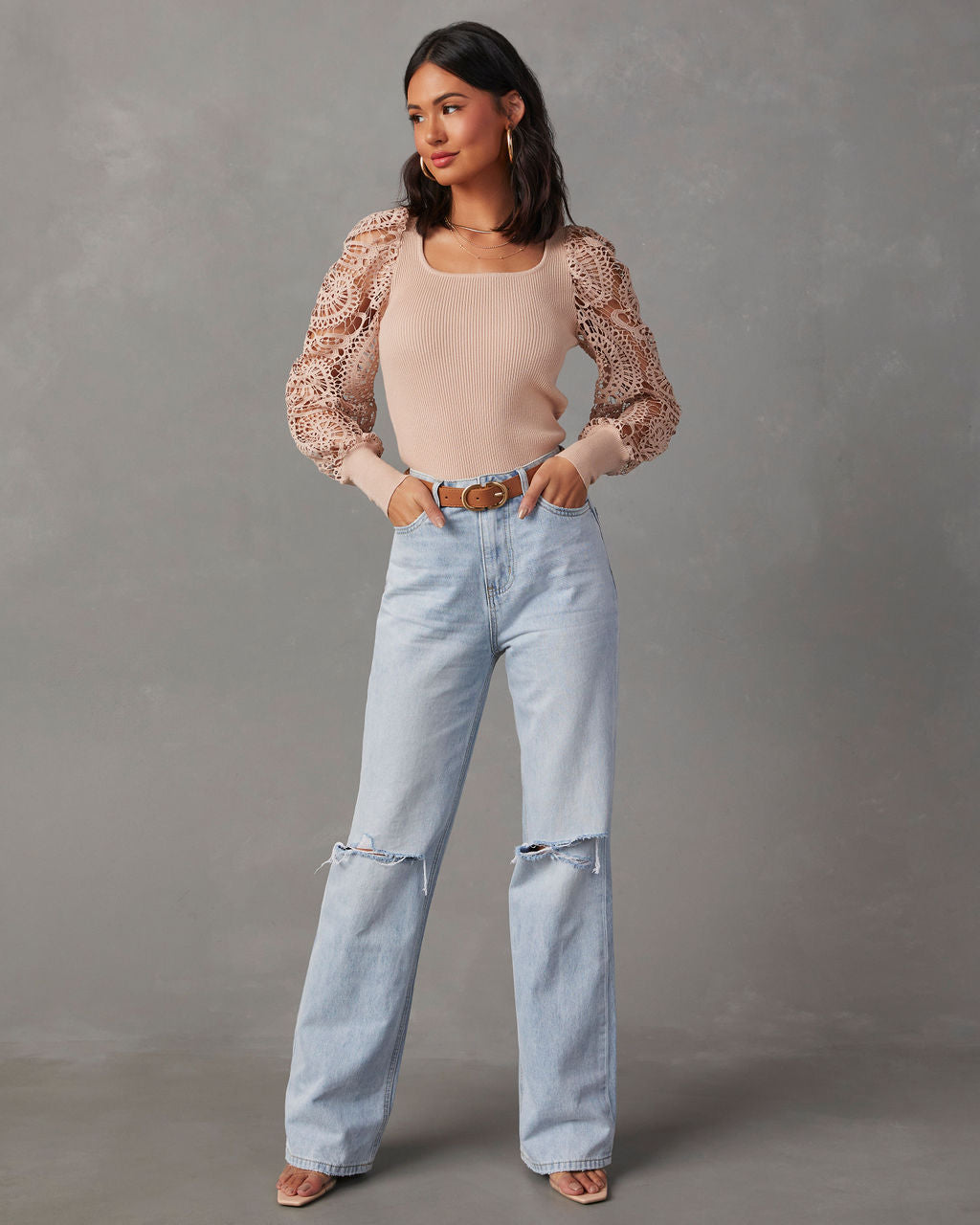 Sophia Crochet Sleeve Sweater Top-Vogue Logic