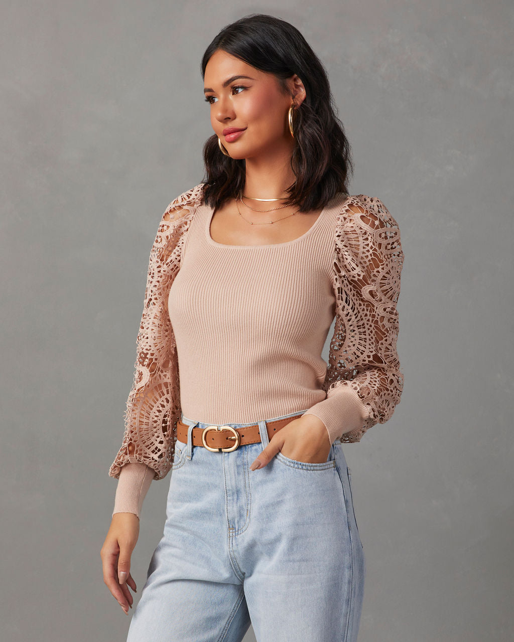 Sophia Crochet Sleeve Sweater Top-Vogue Logic