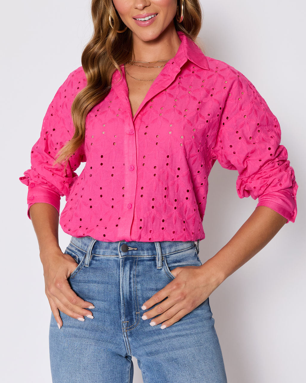 Garden Stroll Eyelet Floral Button Down Top-Vogue Logic