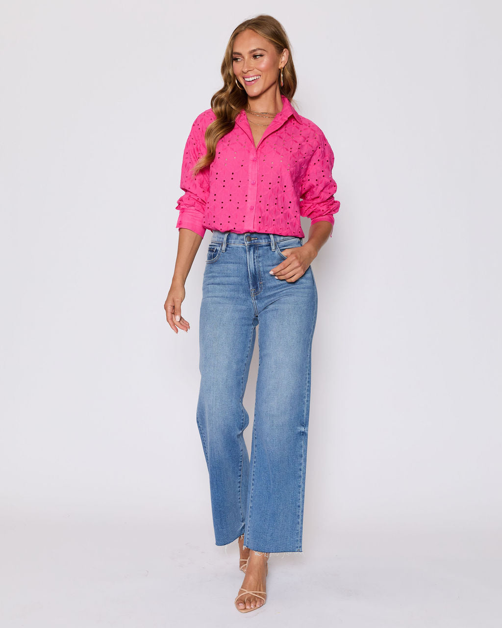 Garden Stroll Eyelet Floral Button Down Top-Vogue Logic