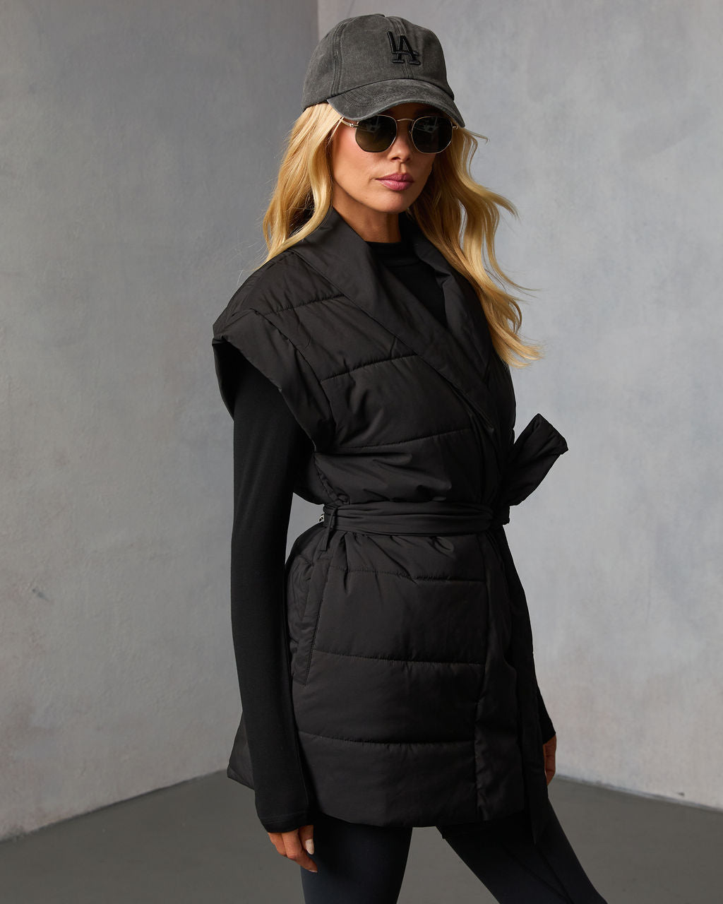 Toasted Oat Puffer Waist Tie Vest-Vogue Logic
