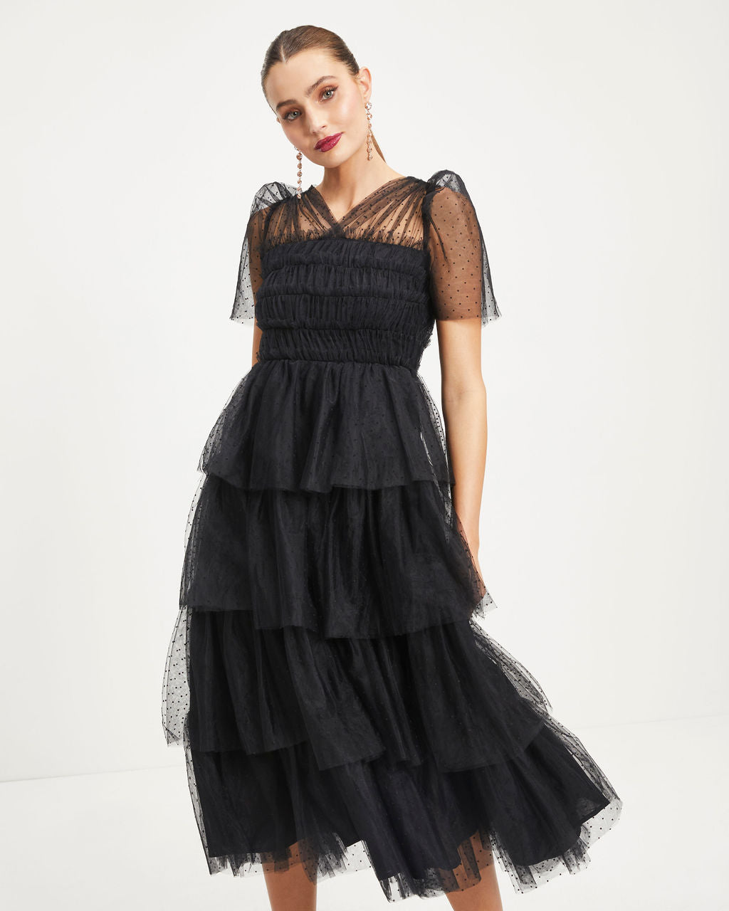 Night At The Opera Tulle Tiered Polka Dot Maxi Dress-Vogue Logic