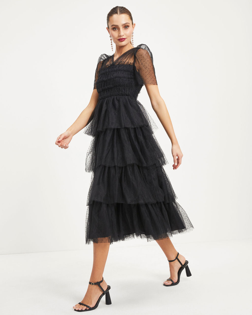 Night At The Opera Tulle Tiered Polka Dot Maxi Dress-Vogue Logic