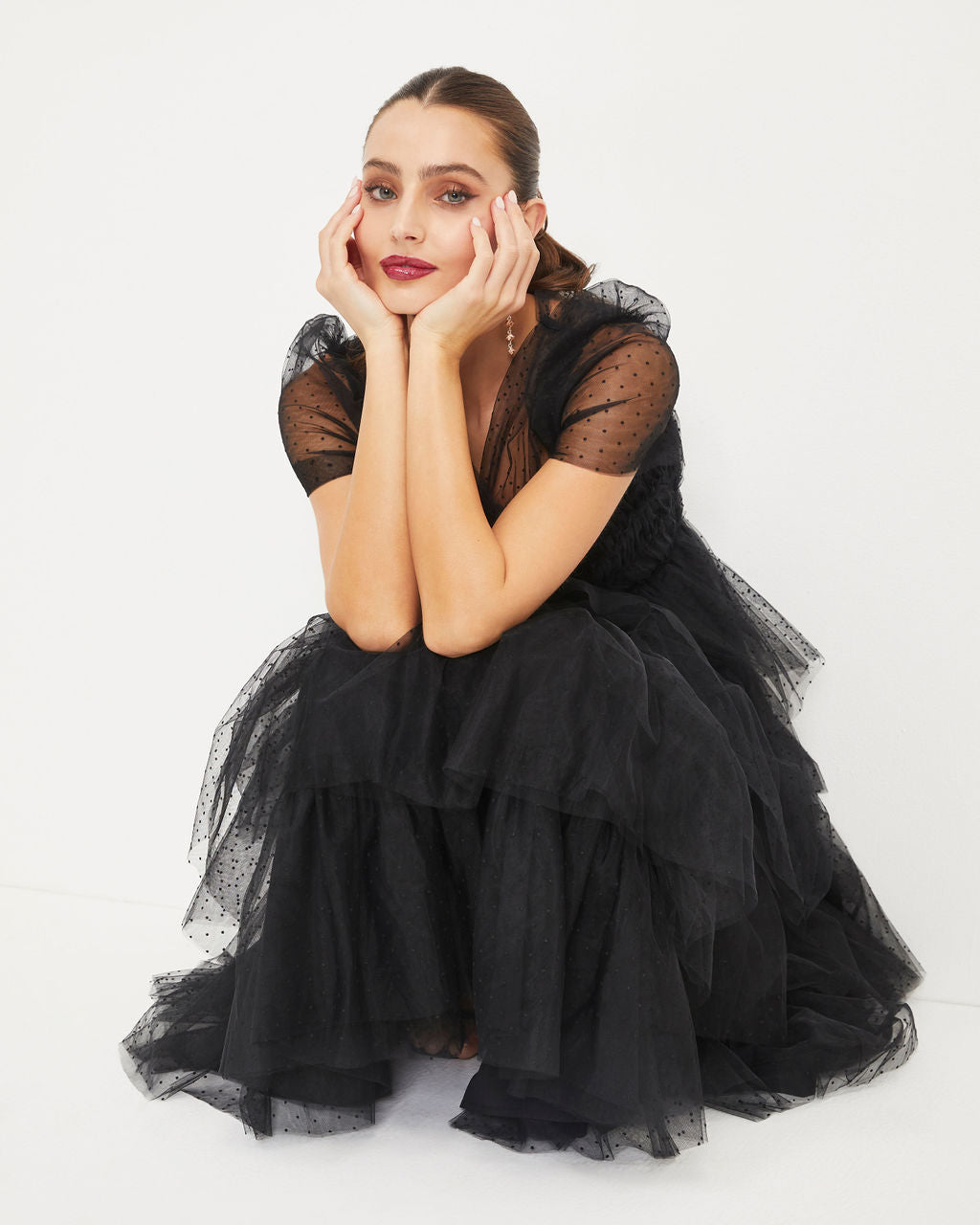 Night At The Opera Tulle Tiered Polka Dot Maxi Dress-Vogue Logic