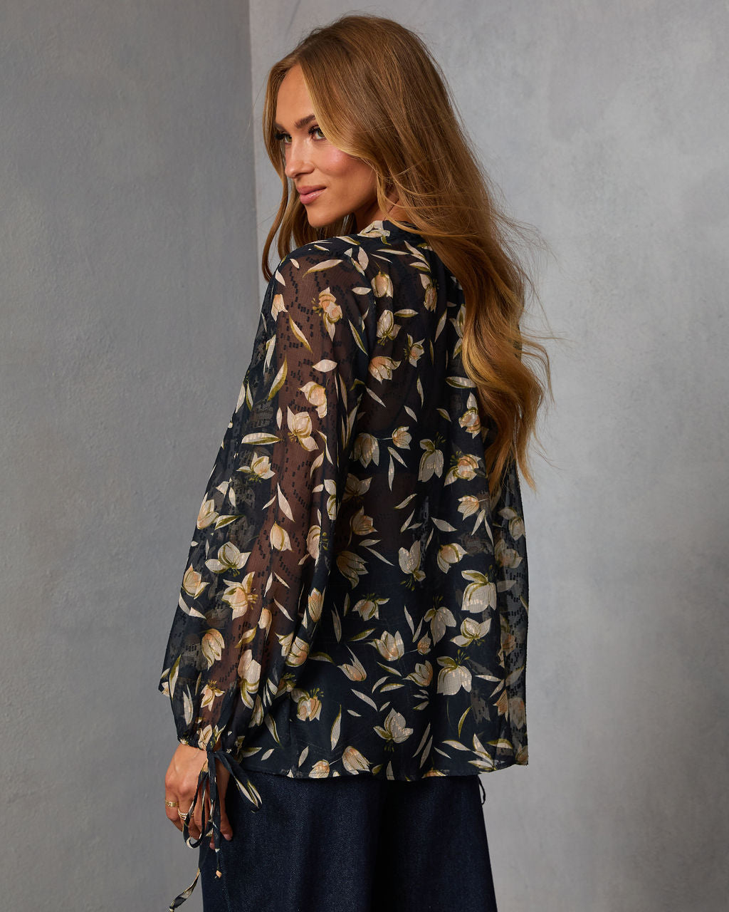 Rustic Bloom Printed Neck Tie Top-Vogue Logic