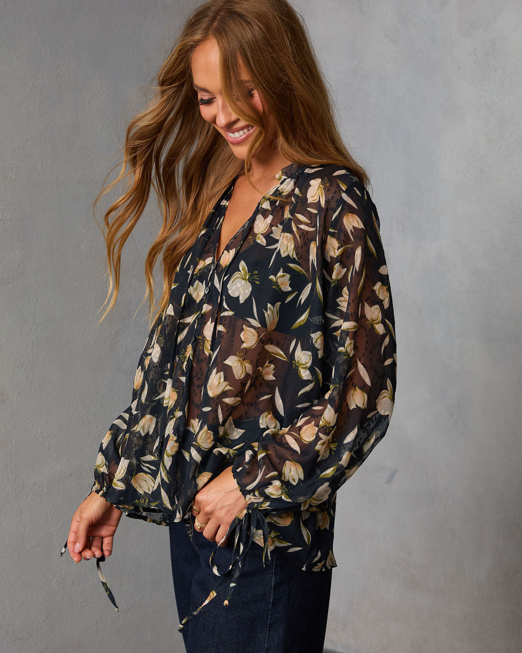 Rustic Bloom Printed Neck Tie Top-Vogue Logic