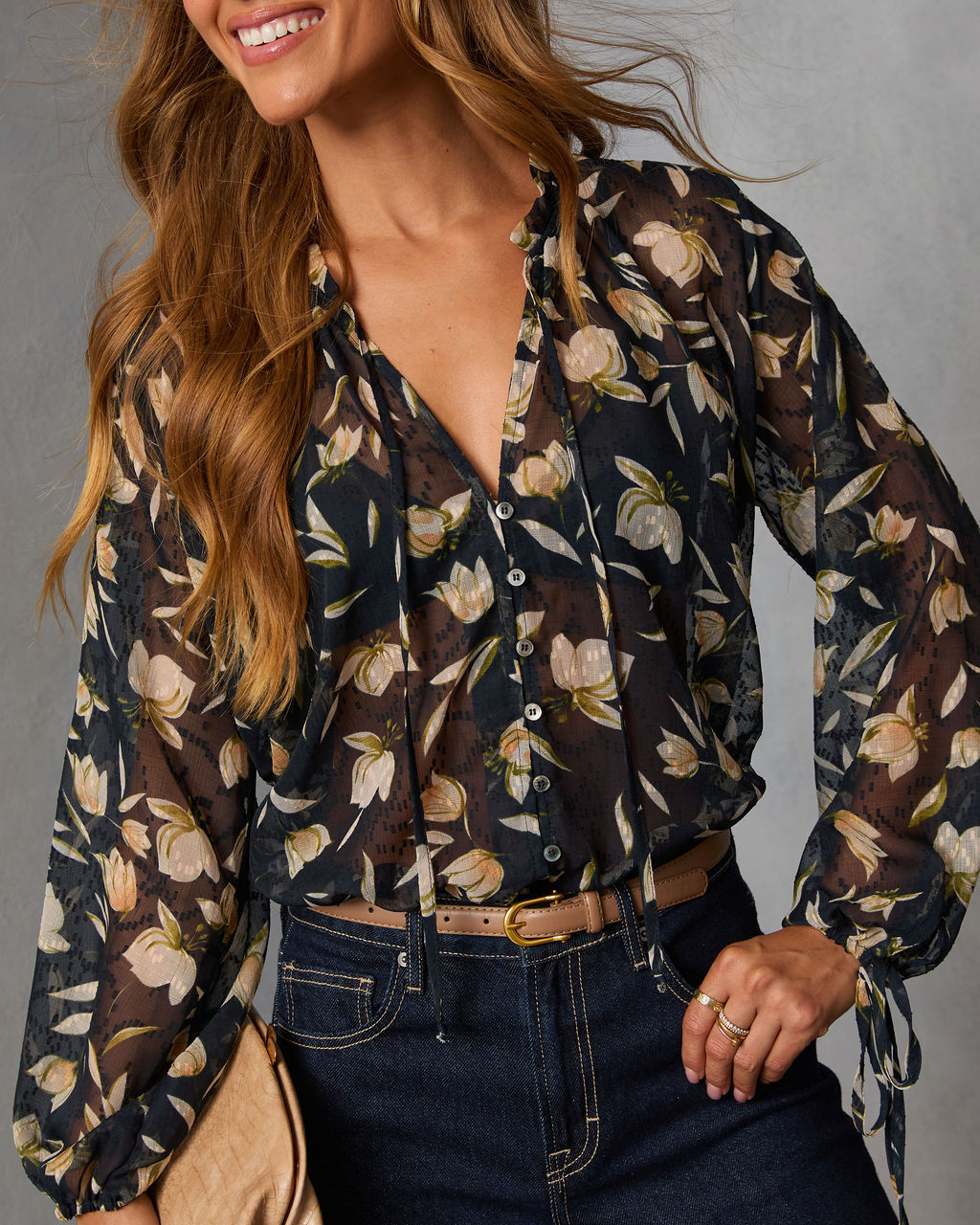 Rustic Bloom Printed Neck Tie Top-Vogue Logic
