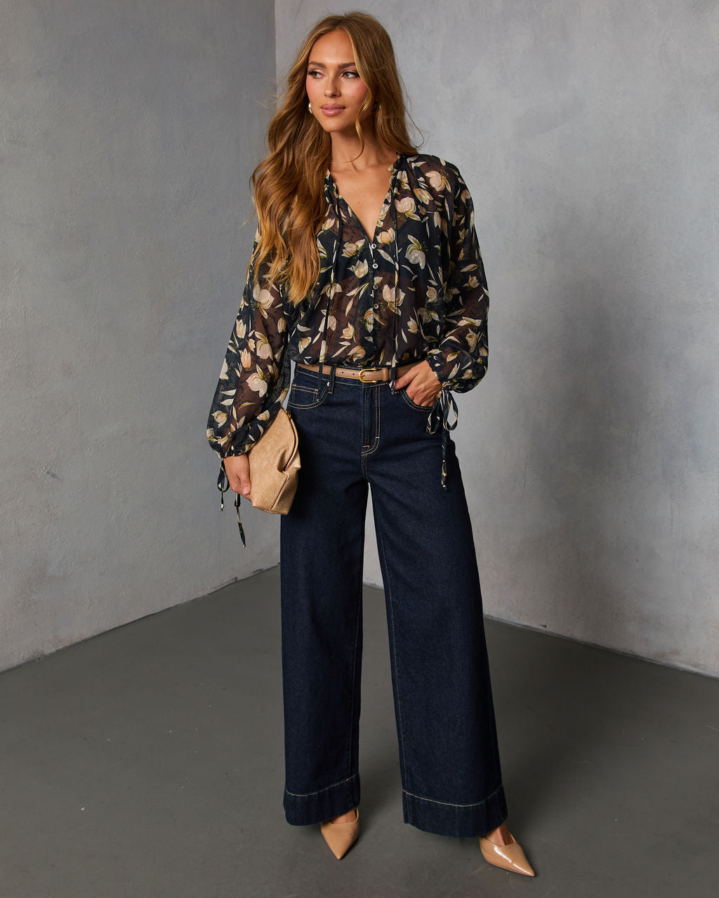 Rustic Bloom Printed Neck Tie Top-Vogue Logic