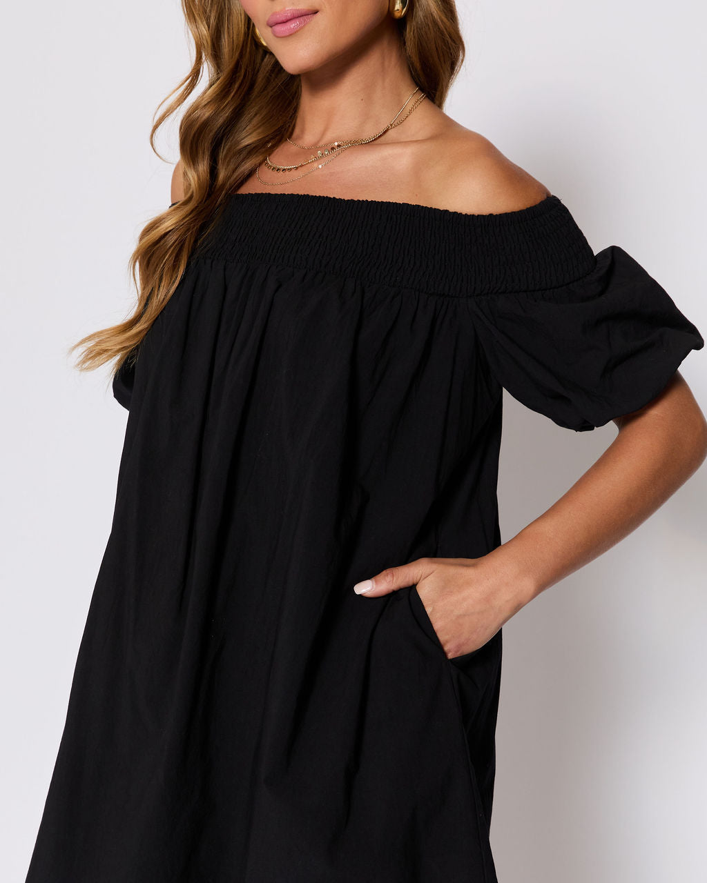 Lydia Cotton Smocked Off The Shoulder Mini Dress-Vogue Logic