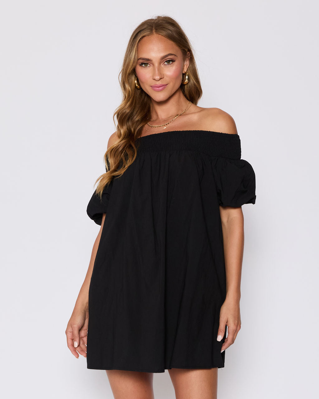 Lydia Cotton Smocked Off The Shoulder Mini Dress-Vogue Logic