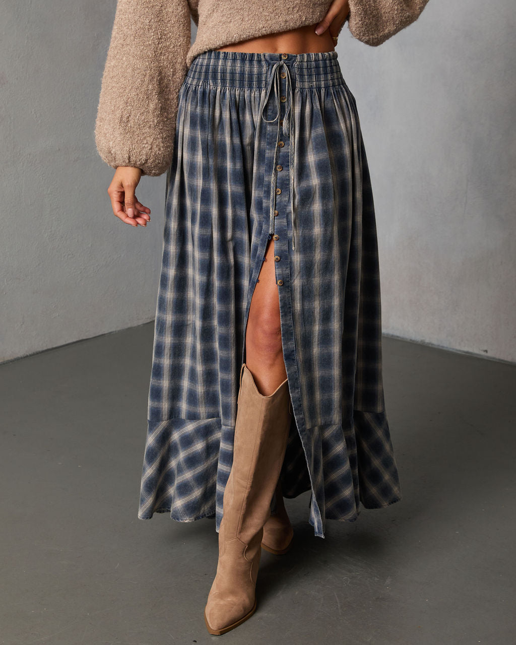 Gesibella Ruffle Hem Plaid Maxi Skirt-Vogue Logic