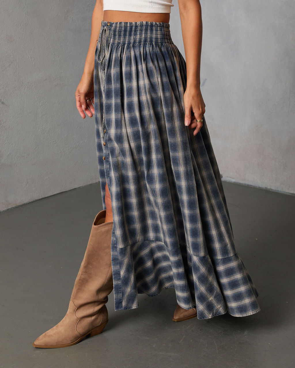 Gesibella Ruffle Hem Plaid Maxi Skirt-Vogue Logic