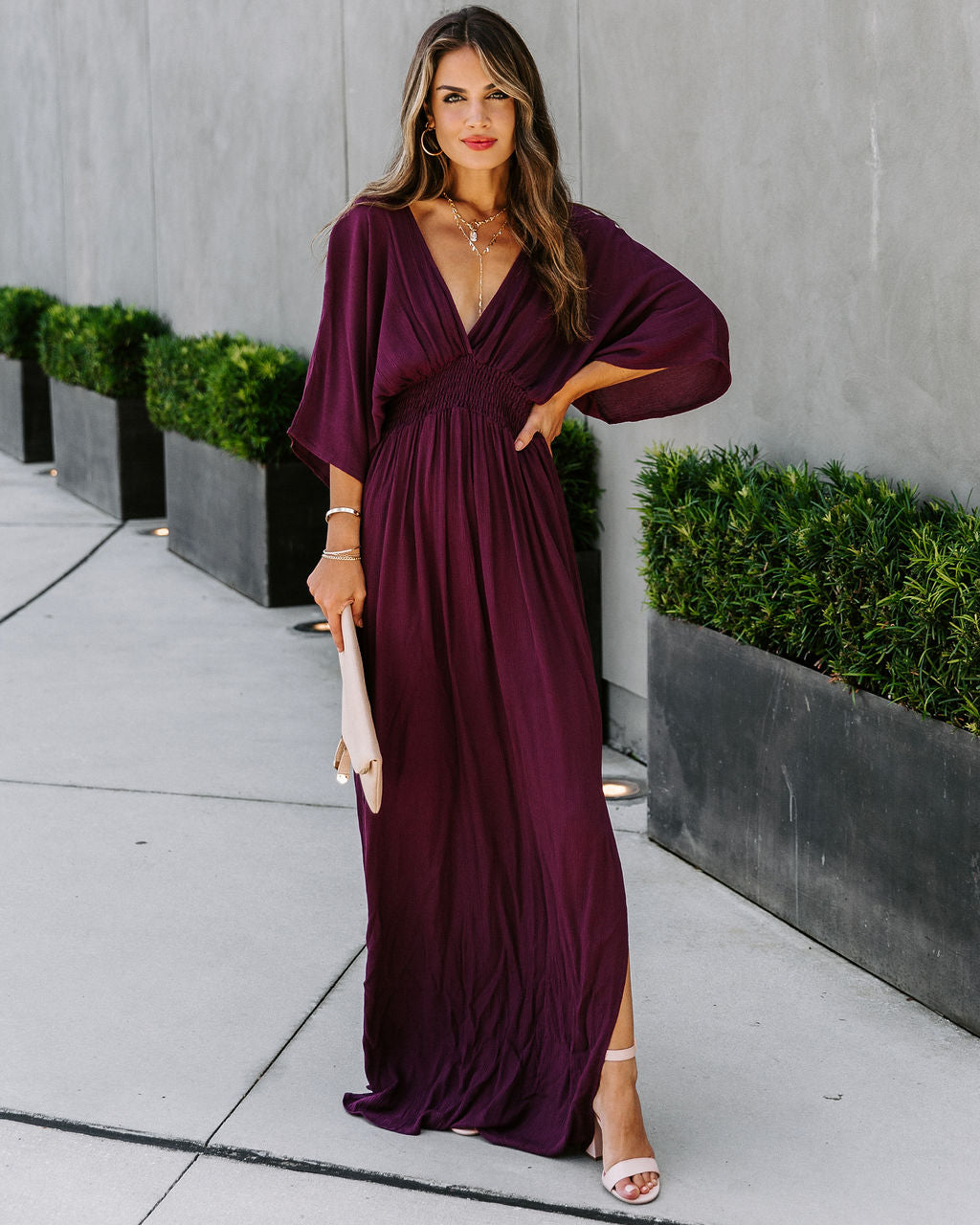 Kimona Smocked Kimono Maxi Dress-Vogue Logic