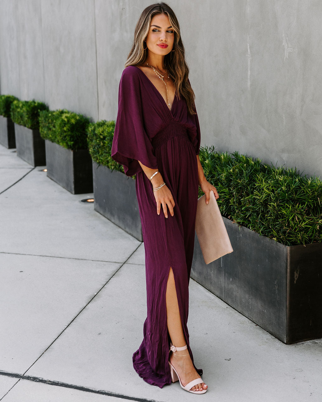 Kimona Smocked Kimono Maxi Dress-Vogue Logic