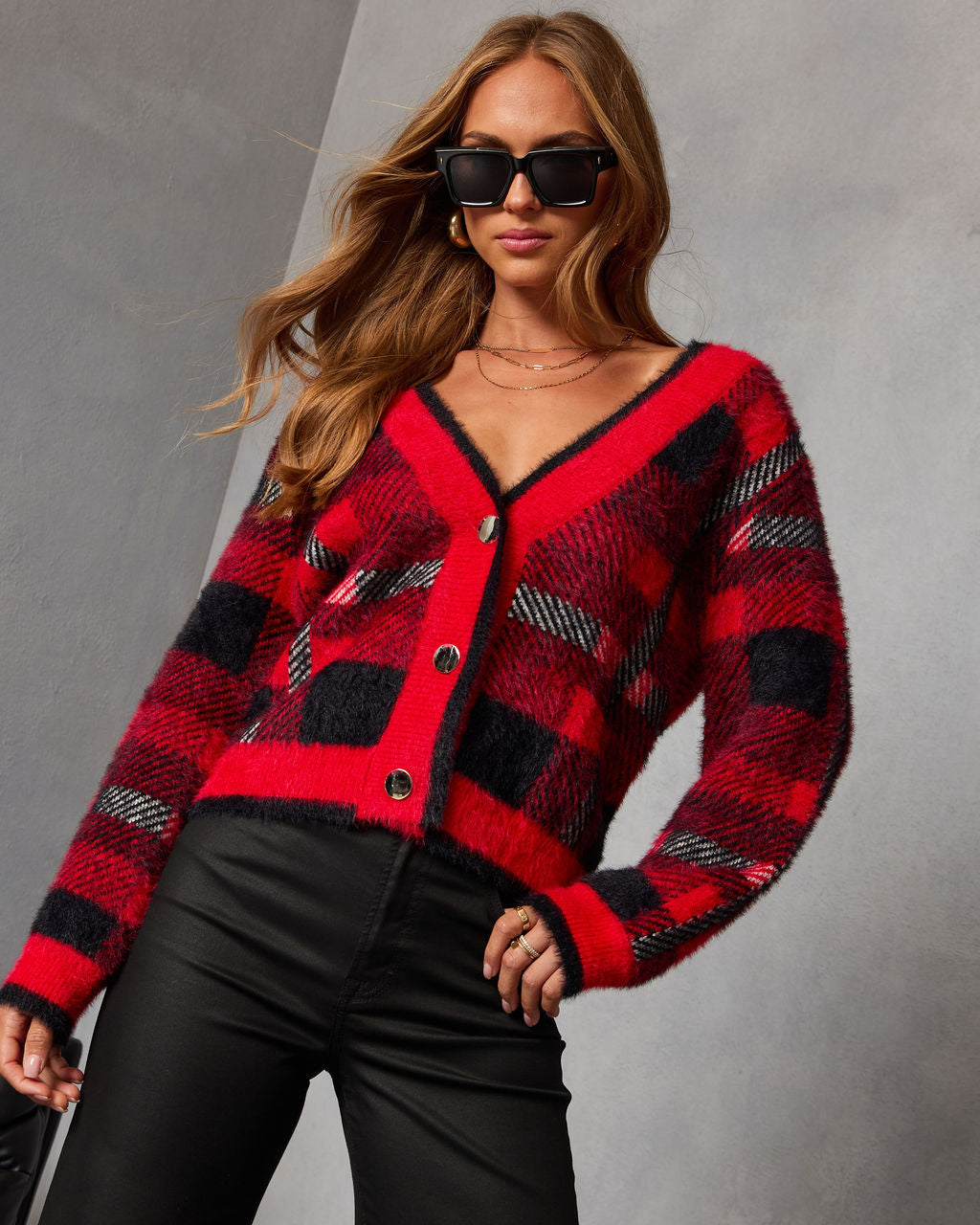 Taylor Plaid Fuzzy Knit Cardigan-Vogue Logic