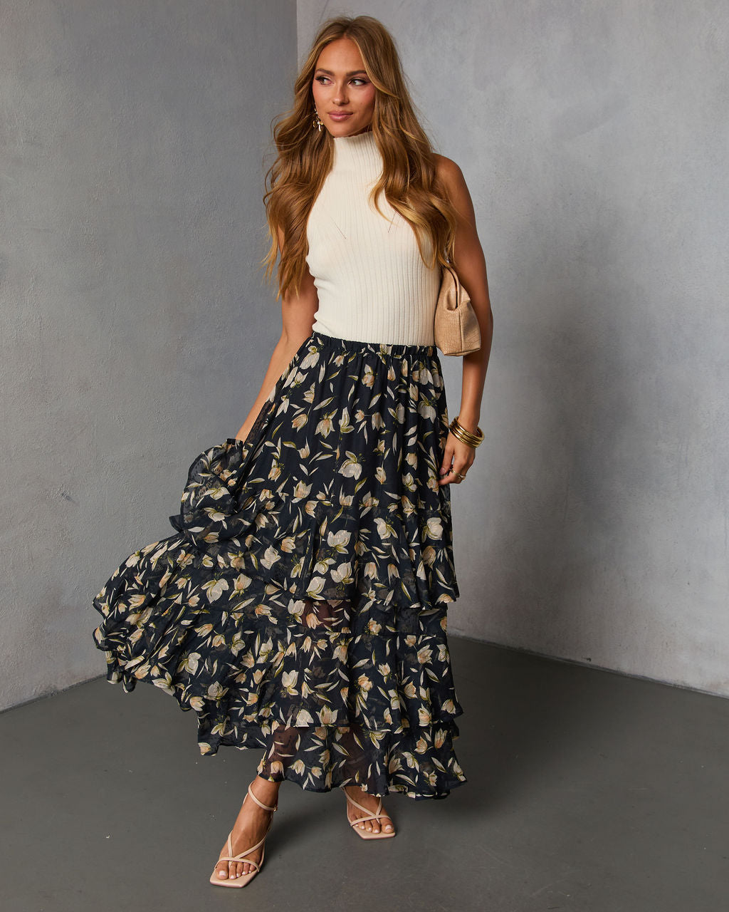Rustic Bloom Printed Tiered Maxi Skirt-Vogue Logic