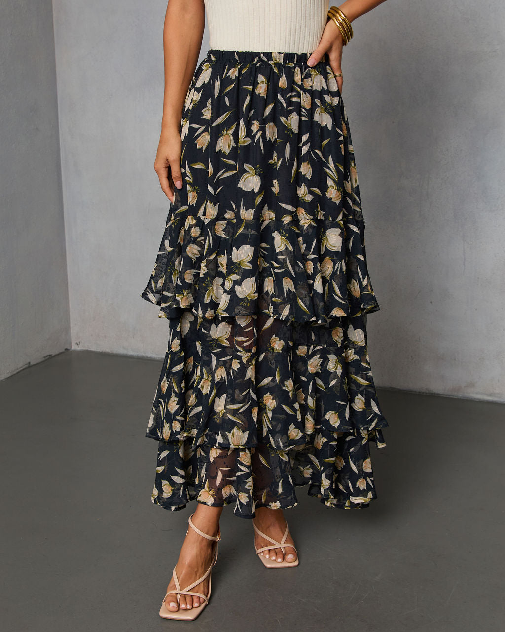 Rustic Bloom Printed Tiered Maxi Skirt-Vogue Logic