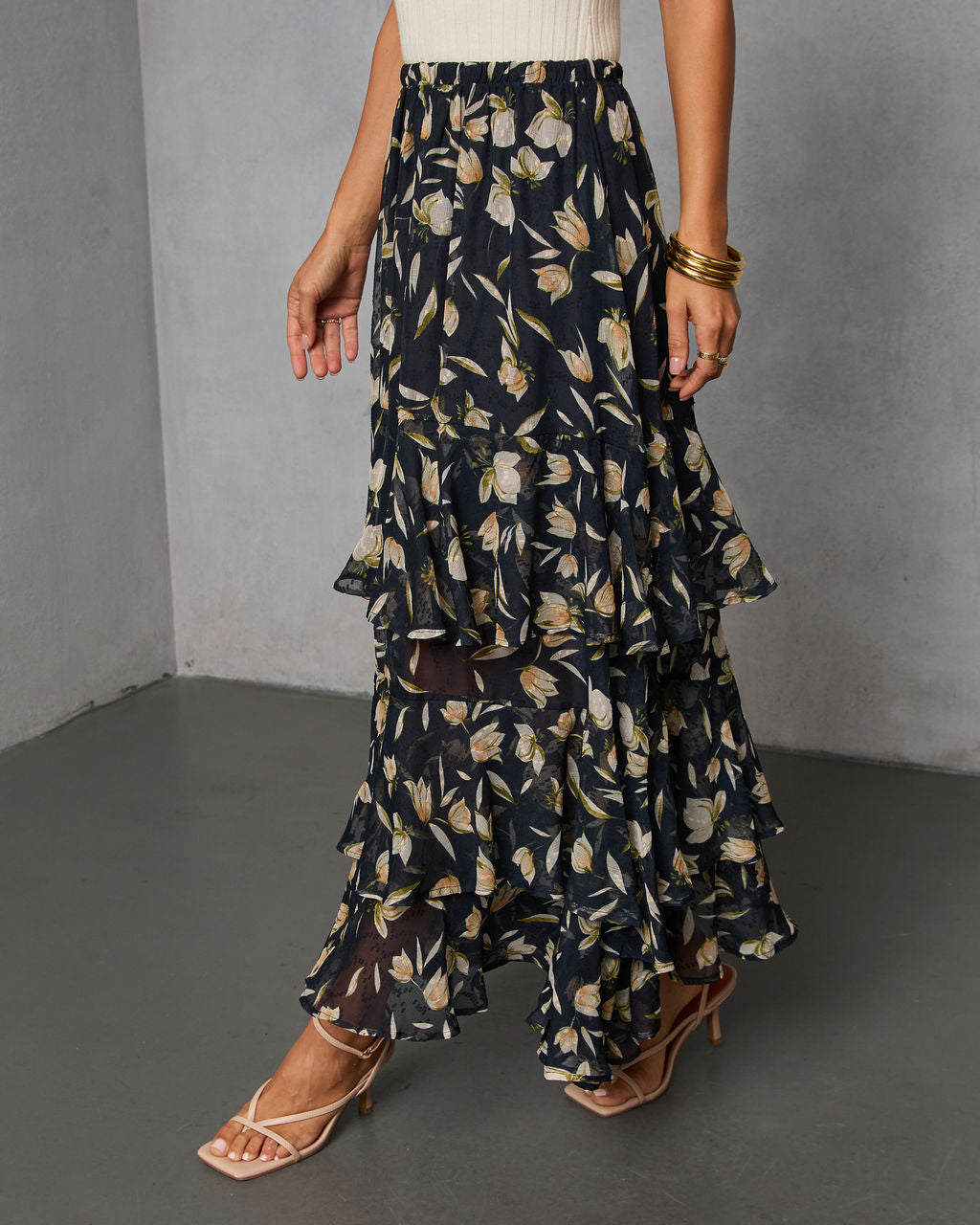 Rustic Bloom Printed Tiered Maxi Skirt-Vogue Logic