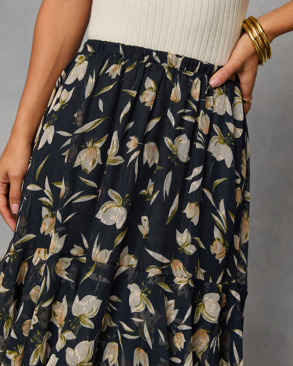 Rustic Bloom Printed Tiered Maxi Skirt-Vogue Logic