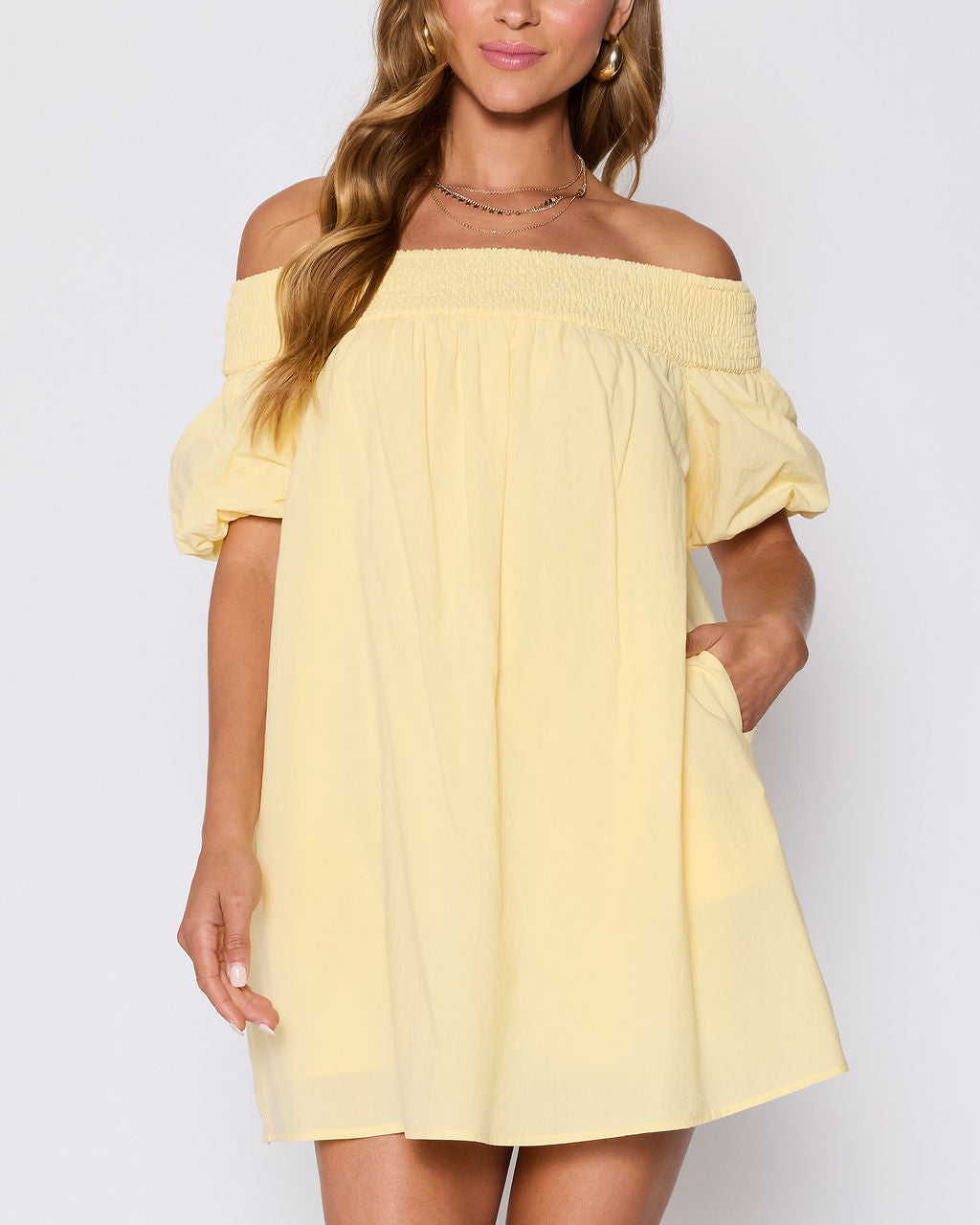Lydia Cotton Smocked Off The Shoulder Mini Dress-Vogue Logic