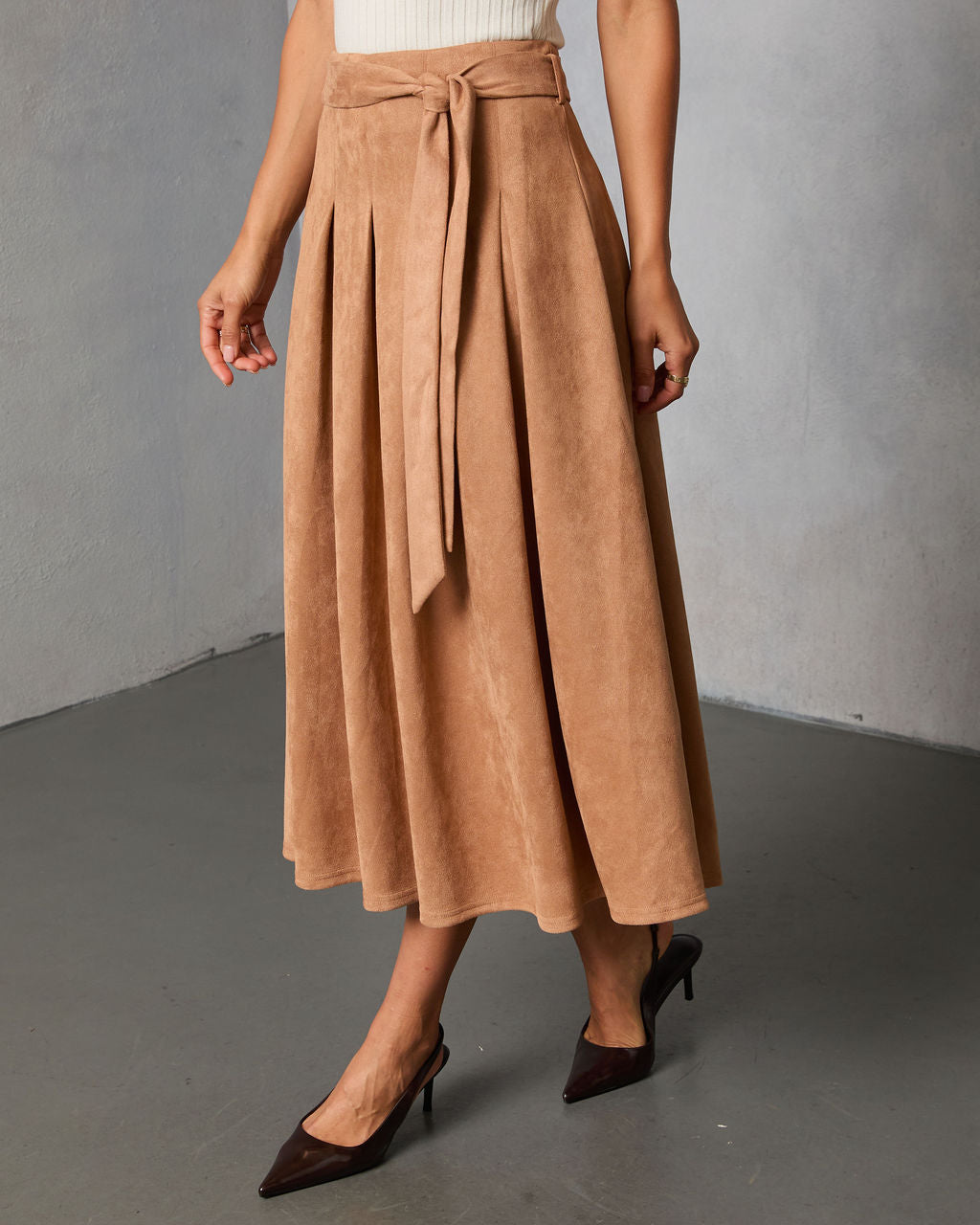 Table Ready Suede Waist Tie Pleated Midi Skirt-Vogue Logic