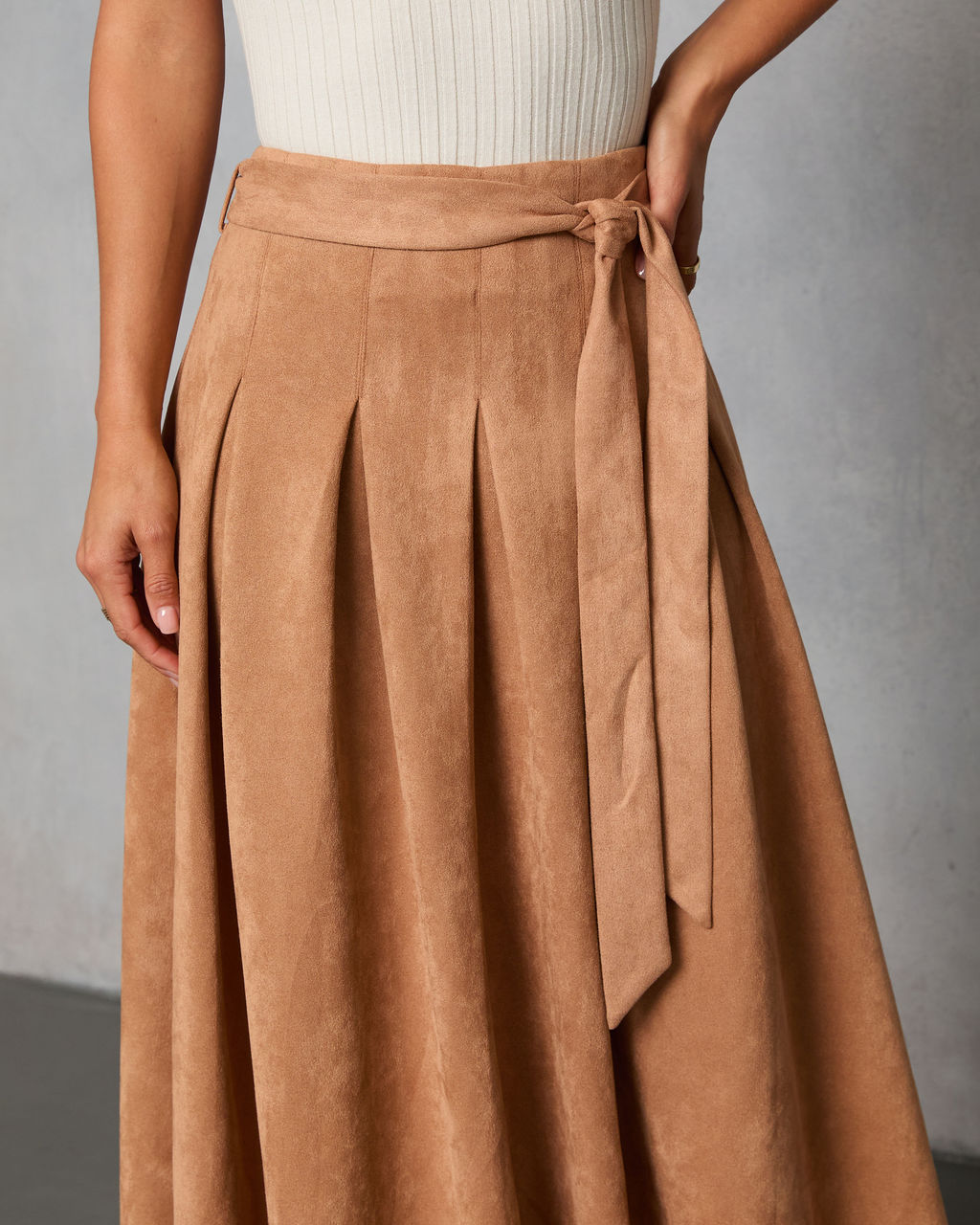 Table Ready Suede Waist Tie Pleated Midi Skirt-Vogue Logic