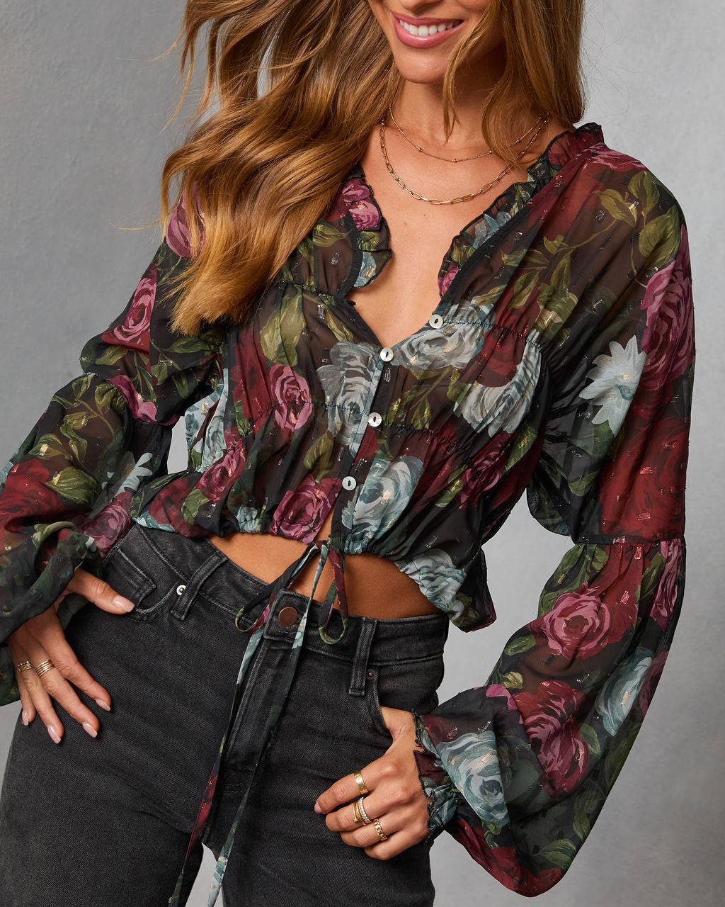 Hildah Printed Smocked Chiffon Top-Vogue Logic