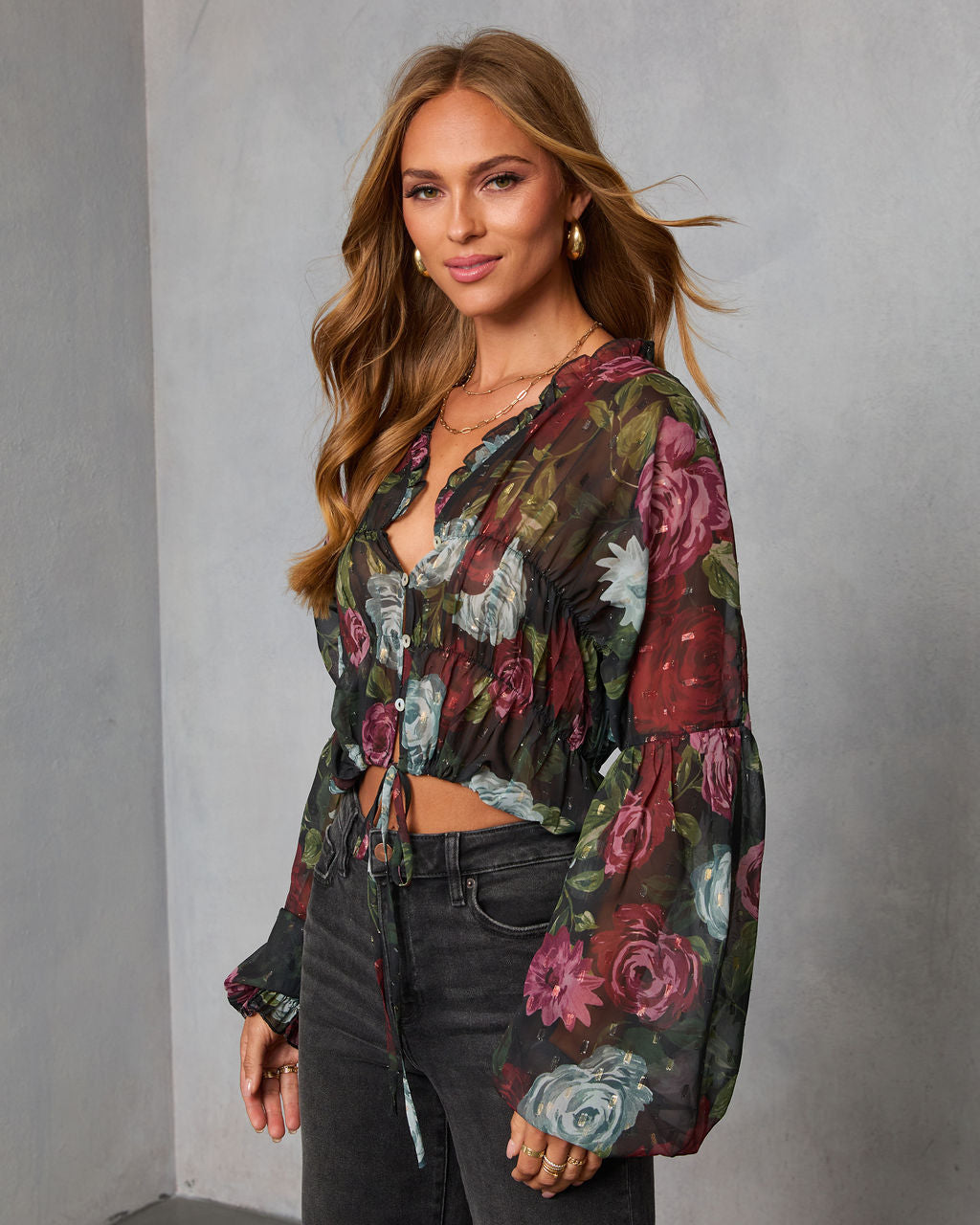 Hildah Printed Smocked Chiffon Top-Vogue Logic