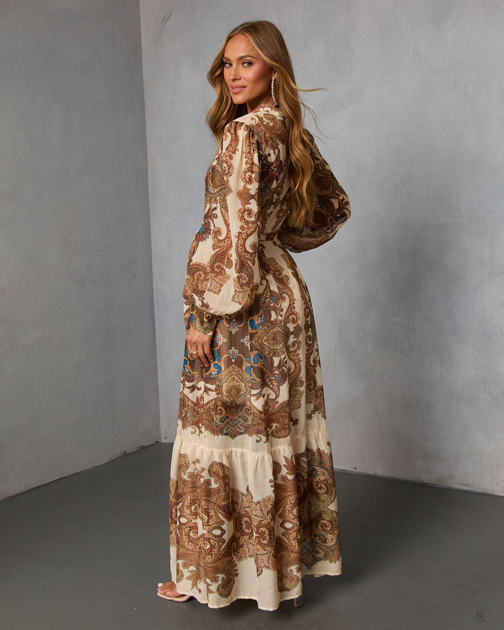 Echo Note Printed Waist Tie Maxi Dress-Vogue Logic