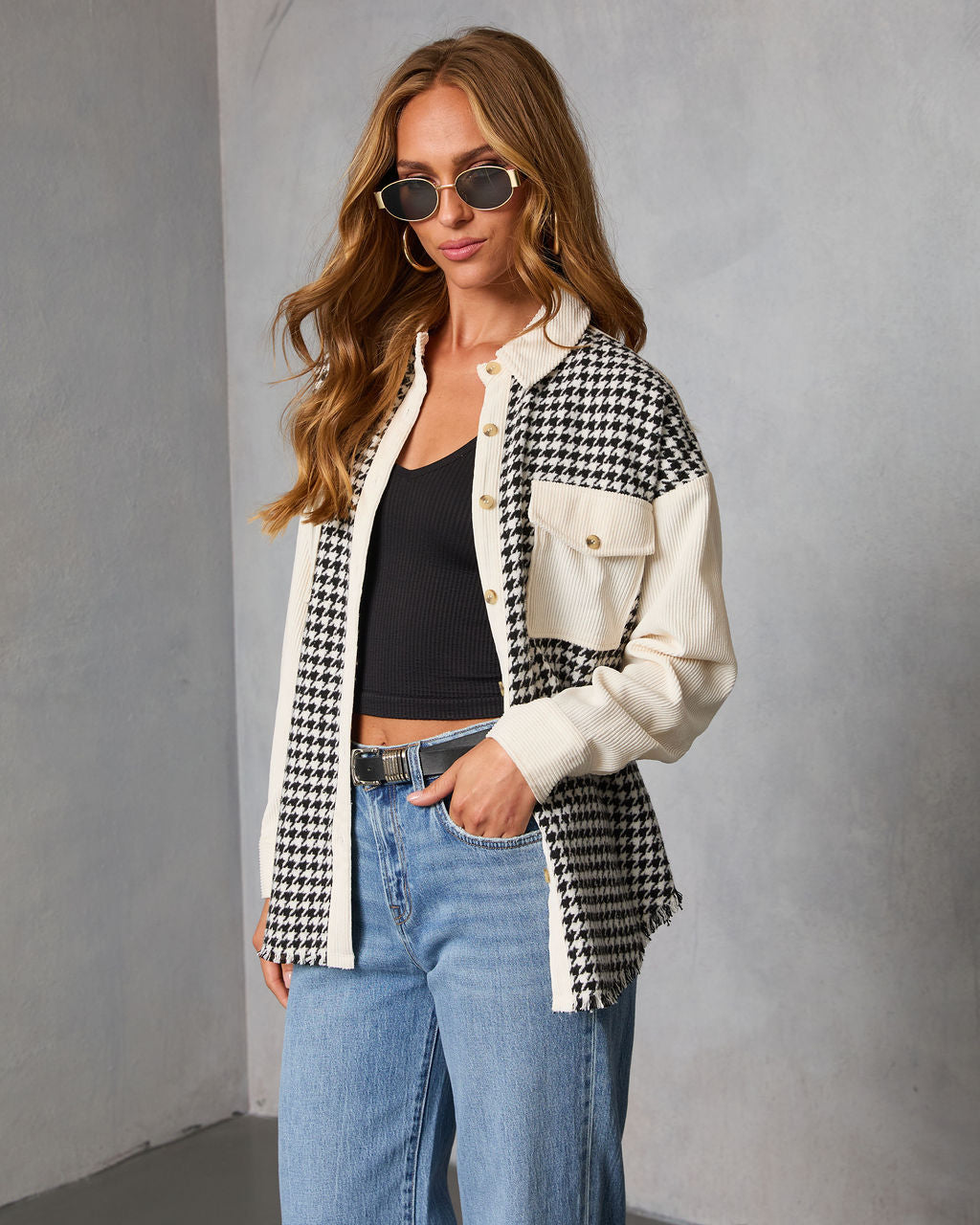 Klarah Houndstooth Button Front Shirt Jacket-Vogue Logic