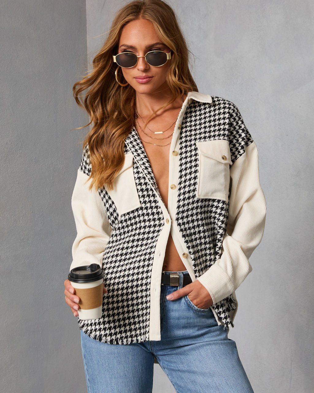 Klarah Houndstooth Button Front Shirt Jacket-Vogue Logic