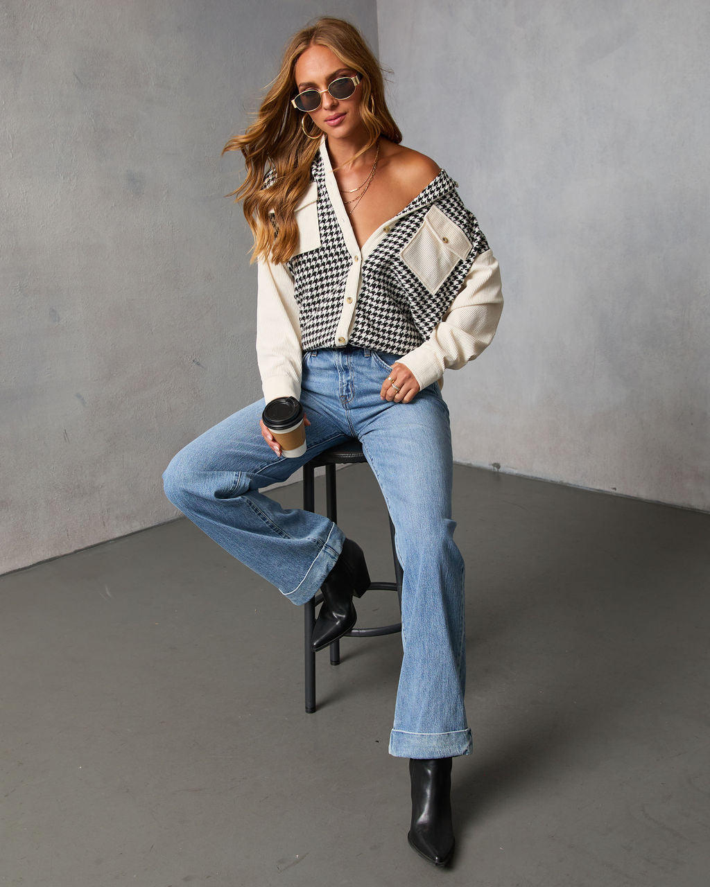 Klarah Houndstooth Button Front Shirt Jacket-Vogue Logic
