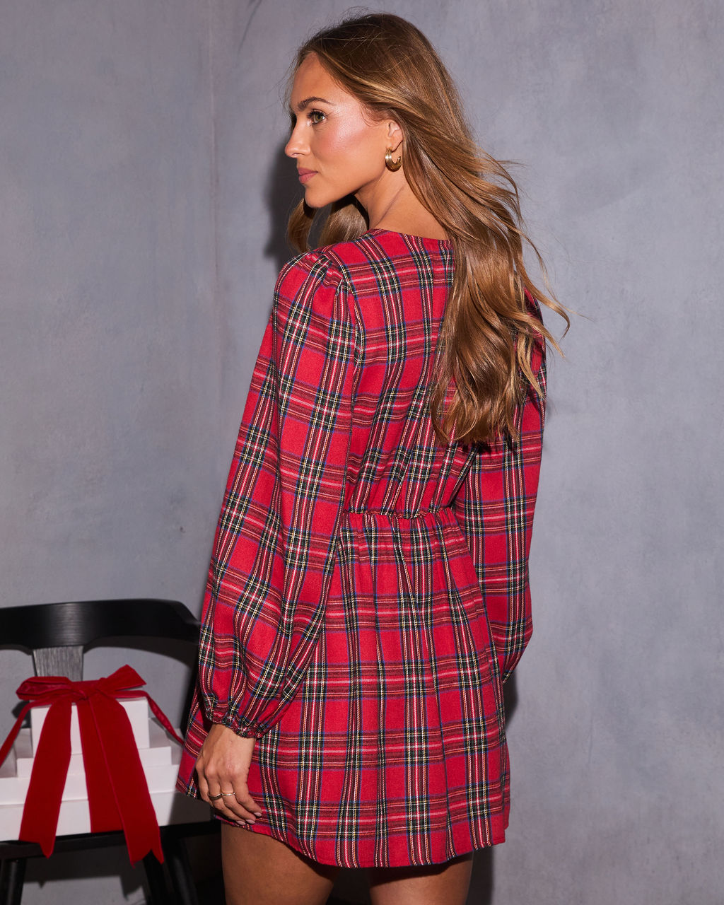 Alede Velvet Bow Plaid Mini Dress-Vogue Logic