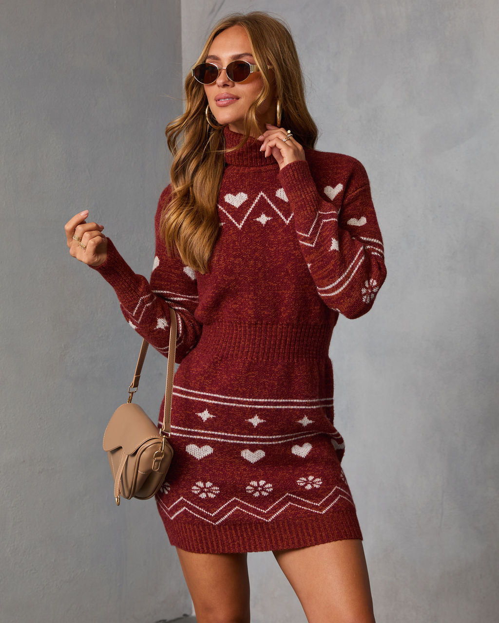 Muted Rose Abstract Knit Mini Sweater Dress-Vogue Logic