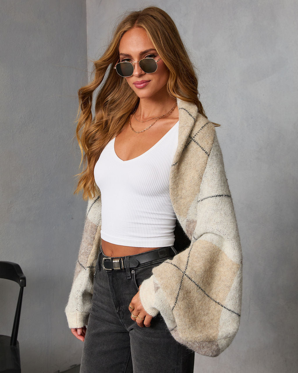 Marenne Cropped Argyle Print Cardigan-Vogue Logic