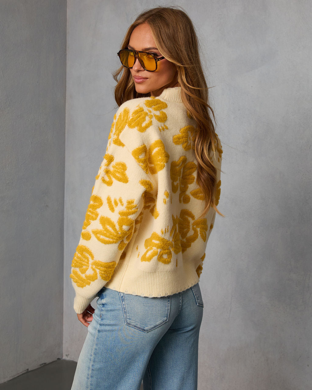 Chilly Days Textured Floral Sweater-Vogue Logic
