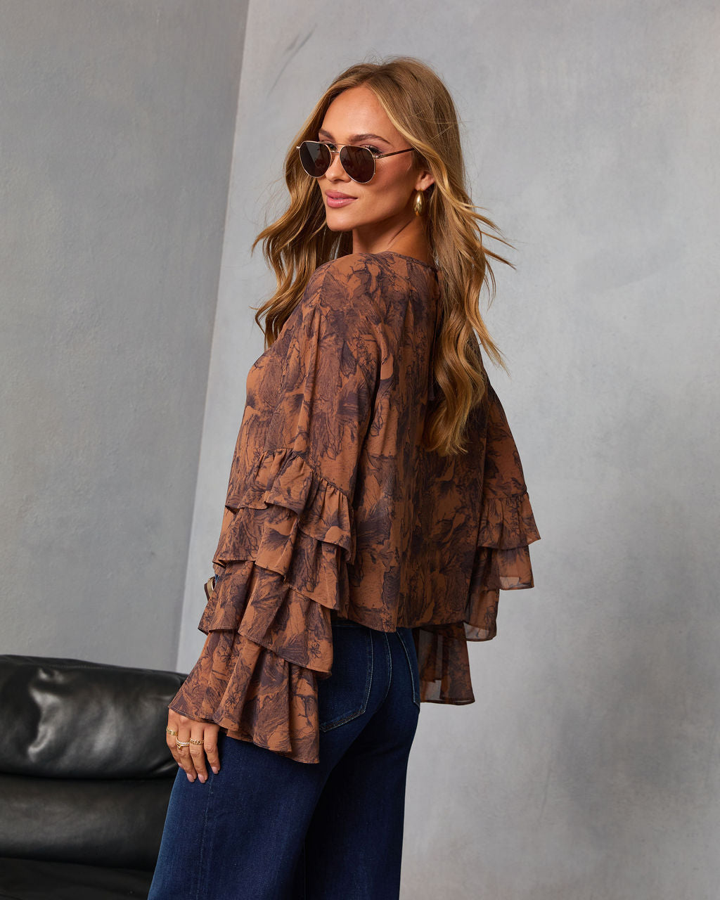 Autumn Eve Printed Tiered Sleeve Top-Vogue Logic