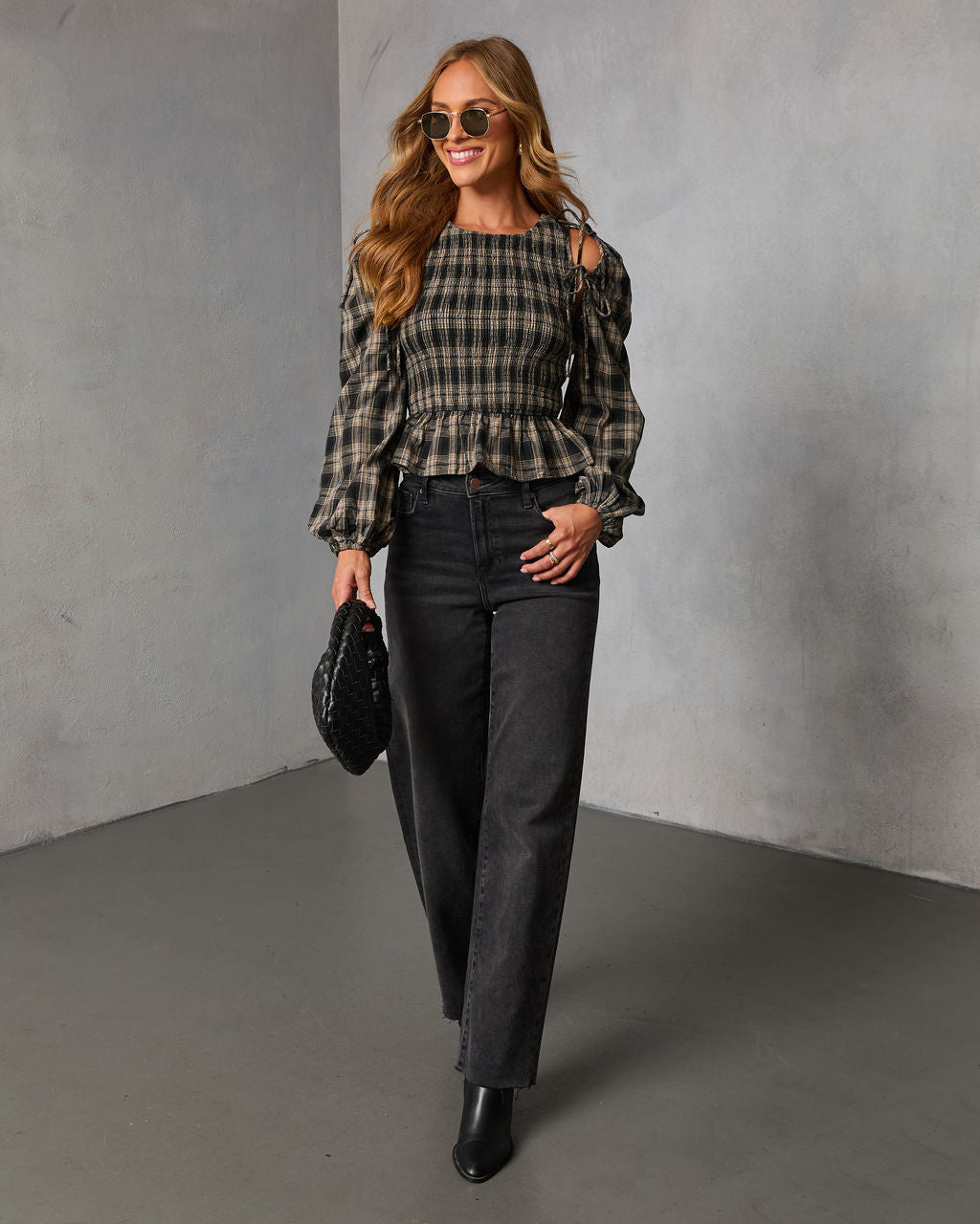 Veralie Smocked Plaid Peplum Top-Vogue Logic