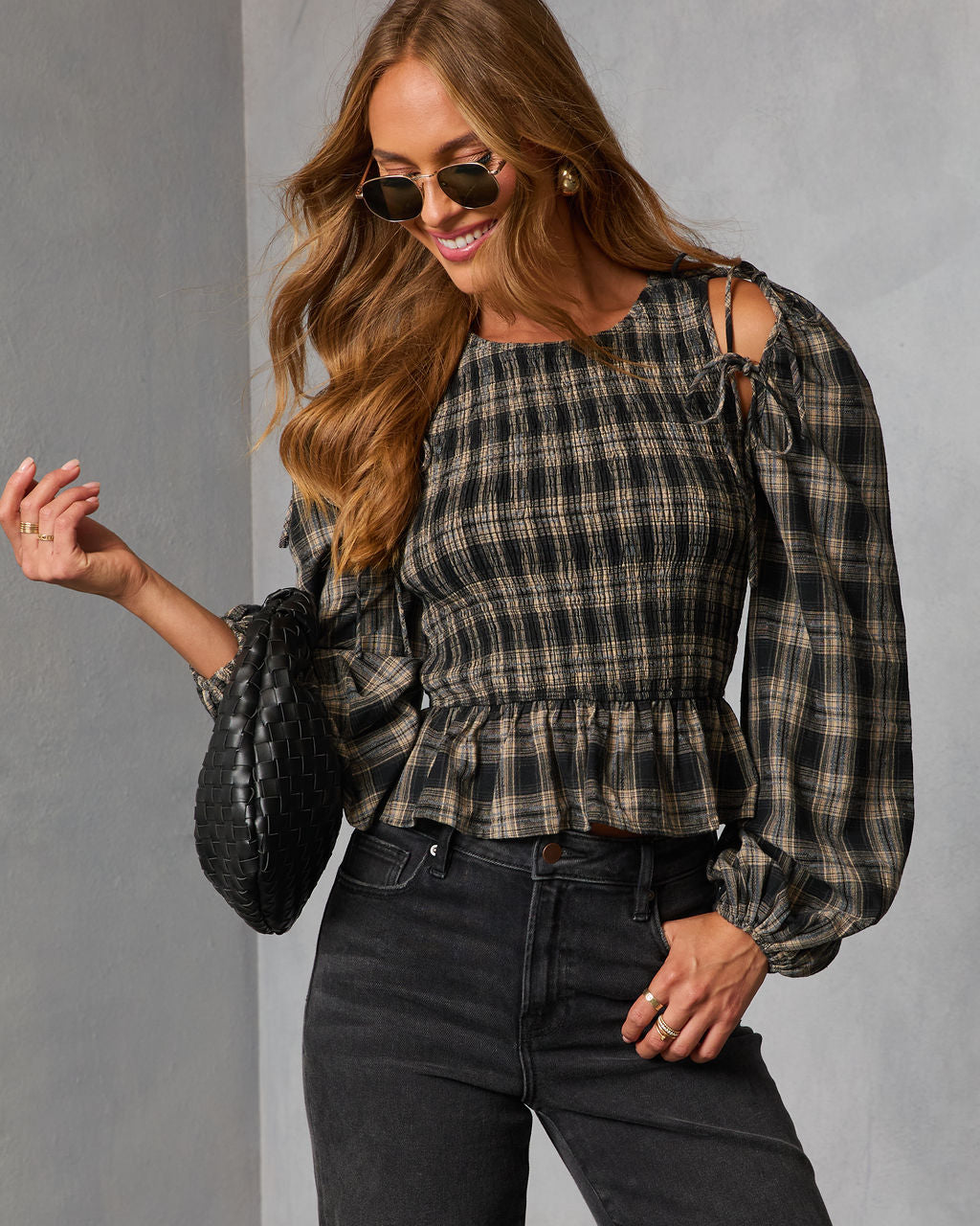 Veralie Smocked Plaid Peplum Top-Vogue Logic